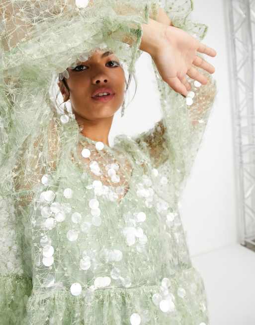 ASOS EDITION - Mintgrøn mini-smockkjole med pailletbroderi, 3 af 4