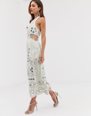 asos edition sequin & fringe cut out midi dress