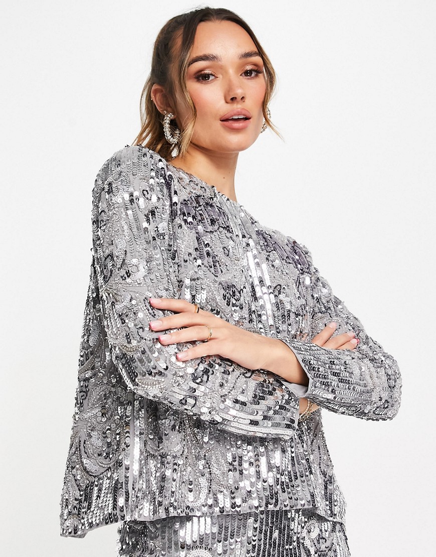ASOS EDITION mirrored cat sequin split back top-Silver