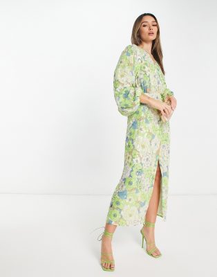 ASOS EDITION - Mit Pailletten besetztes Midi-Wickelkleid mit Blumenmuster-Bunt