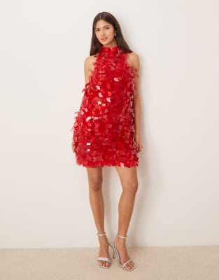 ASOS EDITION - Mit Scherben-Pailletten verziertes Neckholder-Minikleid in Rot