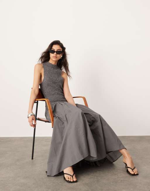 ASOS EDITION – Mörkgrå midiklänning i bomull med smock, hög krage och sänkt midja 