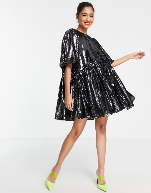 ASOS EDITION – Mörkgrå smockklänning i minilängd med paljetter