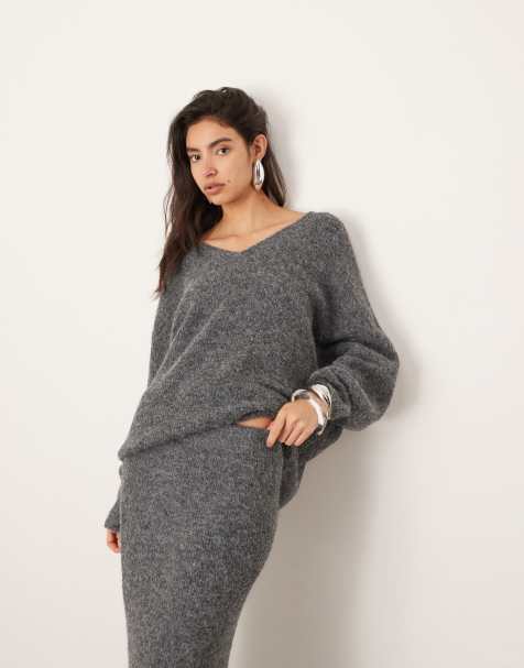ASOS EDITION – Mörkgrå, stickad tröja i oversize med v-ringning, del av set - view 1