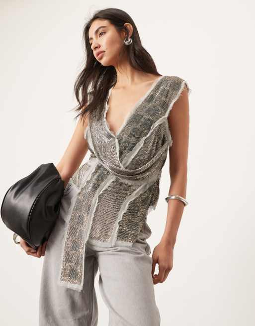 ASOS EDITION – Mörkgrå, utsmyckad topp i lång modell med delad design