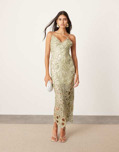 ASOS EDITION mosaic embellished strappy cami midi dress with low back in sage green - view 1
