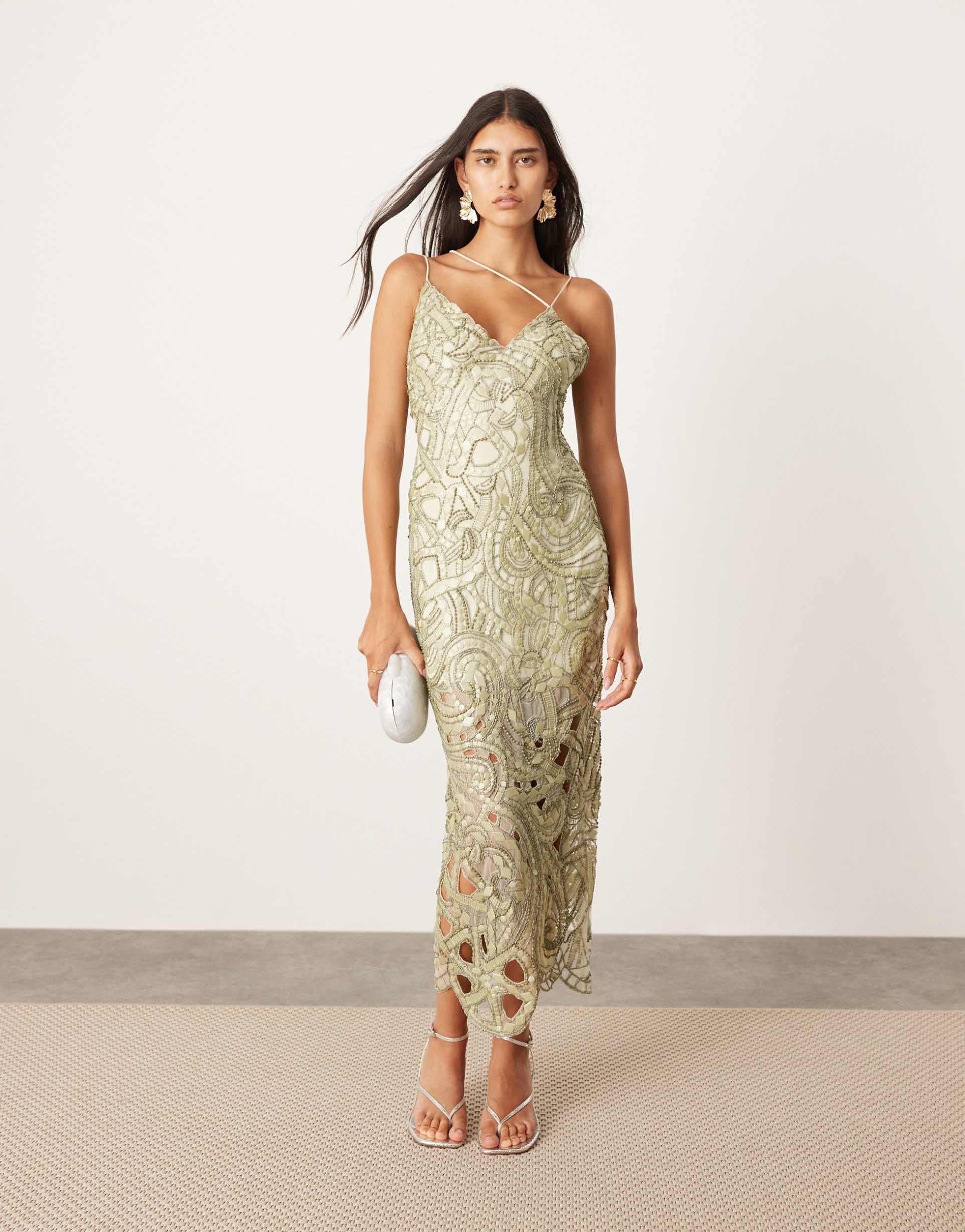 asos edition mosaic embellished strappy cami midi dress with low back in sage green