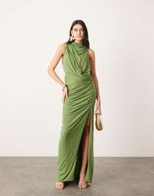 FhyzicsShops EDITION - Mouwloze maxi-jurk met gedrapeerd detail en plaatje in groen