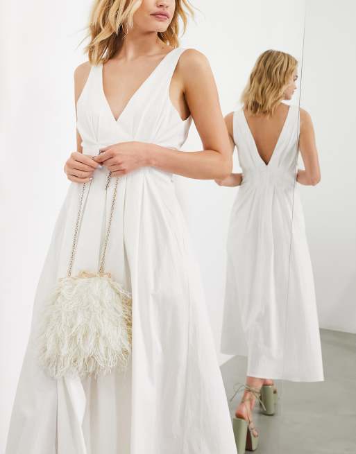 ASOS EDITION - Mouwloze midi jurk met geplooide taille in ivoorwit