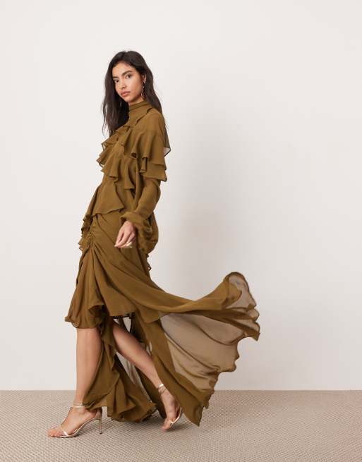ASOS Edition - Mørk olivengrøn og asymmetrisk maxikjole med flæser i chiffon, 3 af 4