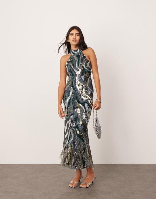 ASOS EDITION - Mørkeblå maxikjole med høj hals, frynser og udsmykket hvirvelmønster