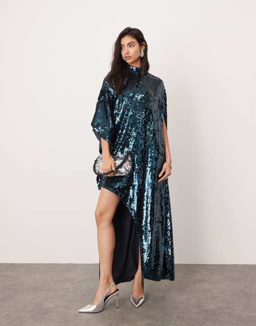 ASOS EDITION - Mørkeblå og højhalset minikjole i pailletstof med vingeærmer og asymmetrisk kant forneden