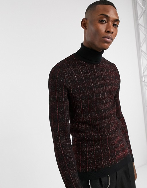 ASOS EDITION muscle fit jumper in metallic red cable design and roll neck