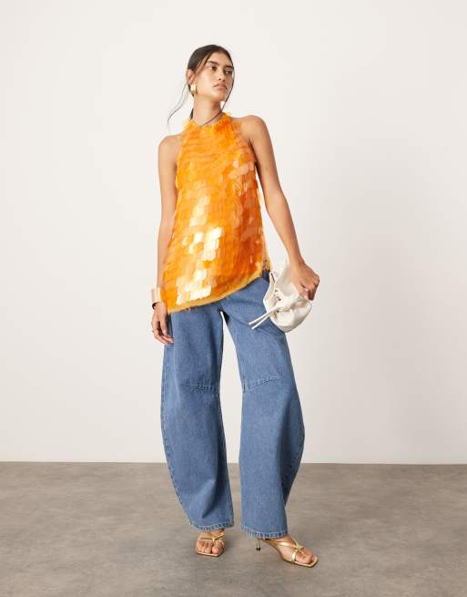 ASOS EDITION Neckholder Oberteil in Orange mit langem Schnitt und Paillettensplitter Besatz