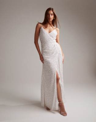 Asos Design Nia Embellished Drape Side Cami Maxi Wedding Dress In Ivory-white