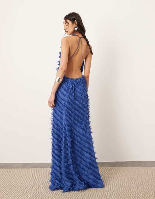 ASOS Edition – Niebieska fakturowana sukienka maxi z drapowanym dekoltem, 3 z 4