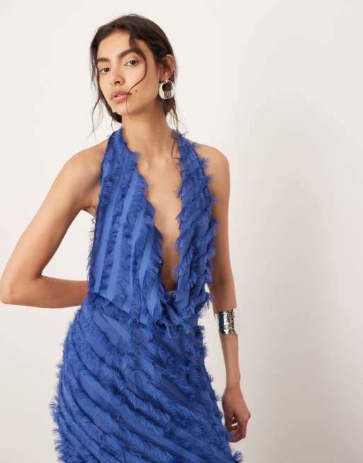 ASOS Edition – Niebieska fakturowana sukienka maxi z drapowanym dekoltem, 4 z 4