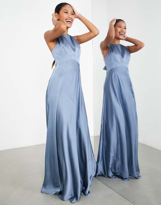 ASOS EDITION – Niebieska satynowa sukienka maxi z ozdobnym drapowaniem na plecach, 2 z 4