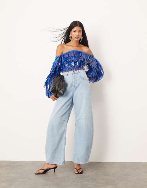 ASOS Edition – Niebieski zdobiony długimi cekinami top z rękawami oversize, 3 z 4