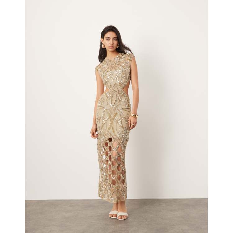 ASOS EDITION nouveau floral embellished high neck cap sleeve maxi dress in gold ASOS