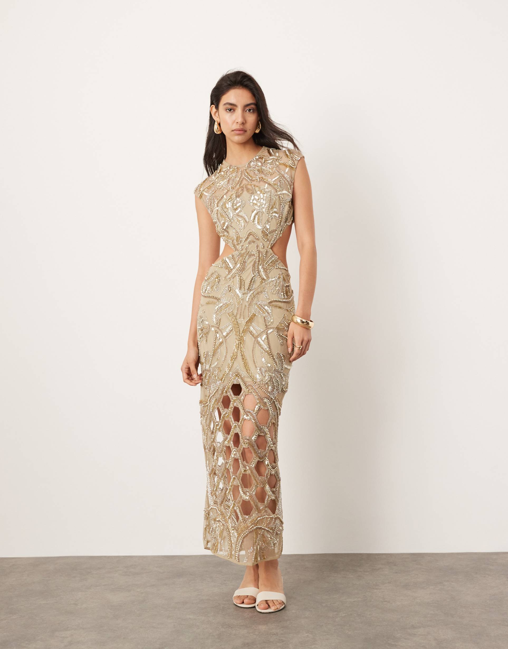 asos edition nouveau floral embellished high neck cap sleeve maxi dress in gold