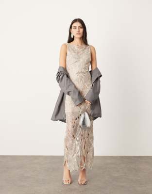 asos design embellished floral strappy back maxi dress Asos Design Nouveau Floral Embellished Low Back Maxi Dress With Cut Work  Embroidery In Silver