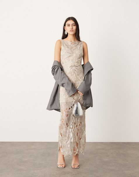 ASOS DESIGN sequin halter maxi dress with high split in silver