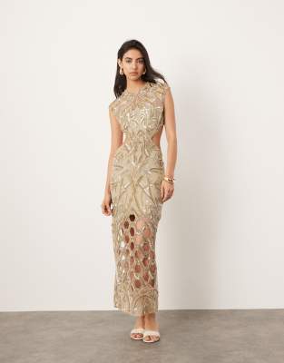 ASOS EDITION - Nouveau - Hochgeschlossenes Maxikleid in Gold mit Kappenärmeln und Blumenverzierung-Goldfarben