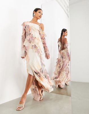 Asos Design Off Shoulder Asymmetric Frill Detail Maxi Dress In Blush Watermark Floral Print-multi