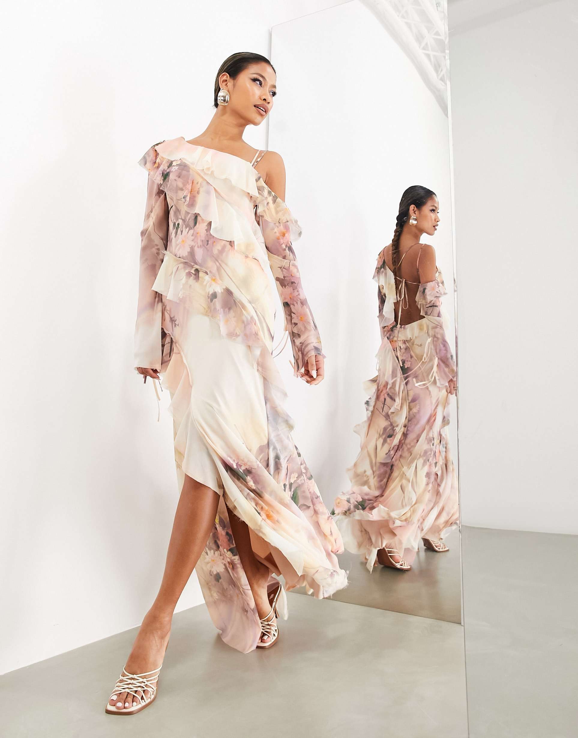 asos edition off shoulder asymmetric frill detail maxi dress in blush watermark floral print