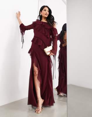 Gunnar Off Shoulder Asymmetric Ruched Maxi Dress - Brown main image 1