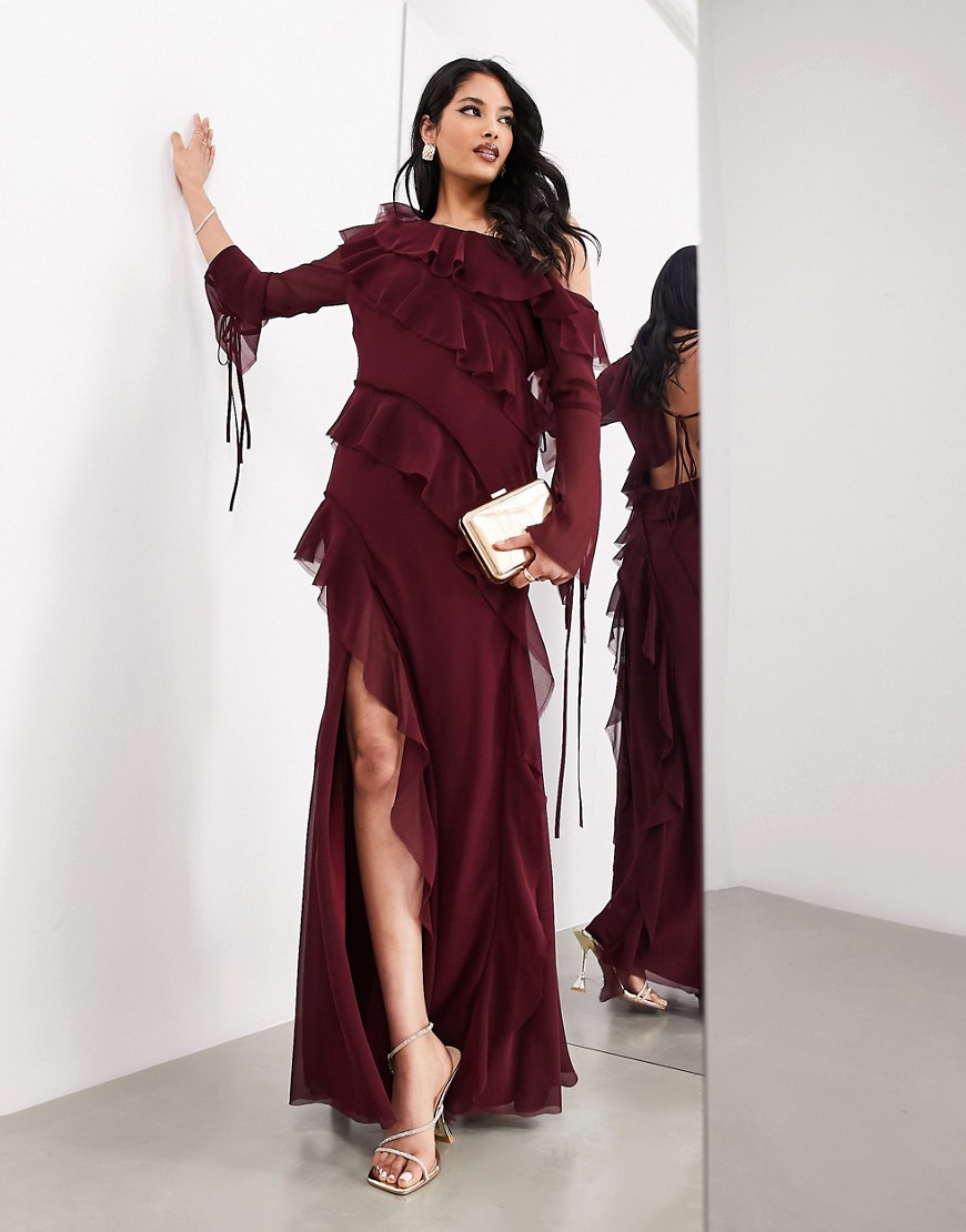 ASOS EDITION off shoulder asymmetric frill detail maxi dress in burgundy-Red