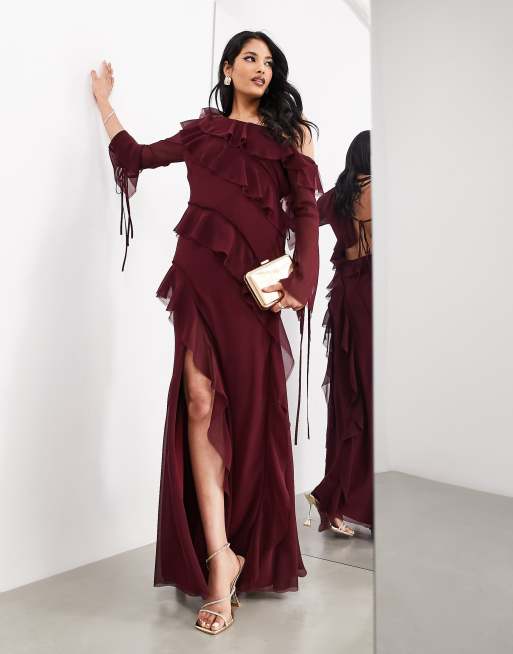 ASOS EDITION off shoulder asymmetric frill detail maxi dress in burgundy