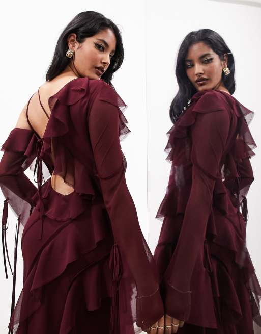 ASOS DESIGN backless strappy fishtail maxi dress in burgundy