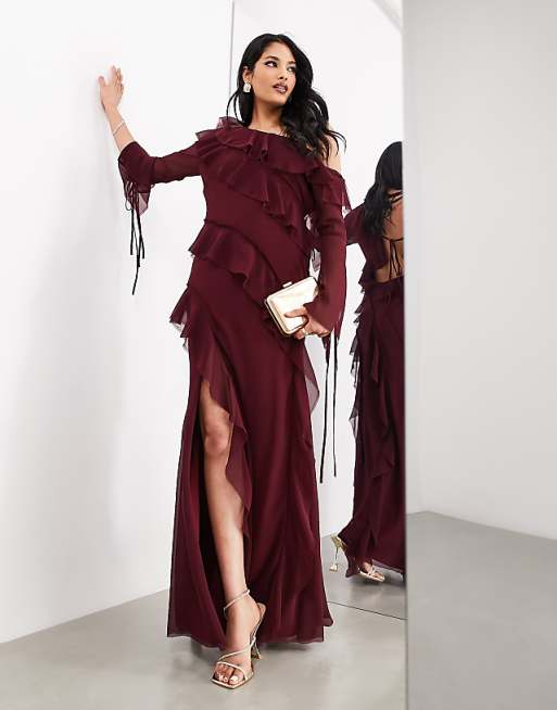 asos burgundy dress Design Draped Long Sleeve Midi in burgundy-Red day comfort ASOS DESIGN supersoft long sleeve