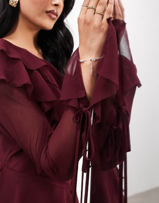 ASOS EDITION off-shoulder asymmetric ruffle detail maxi dress in burgundy