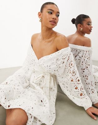 ASOS EDITION off shoulder broderie wrap belted midi dress in white - ASOS Price Checker