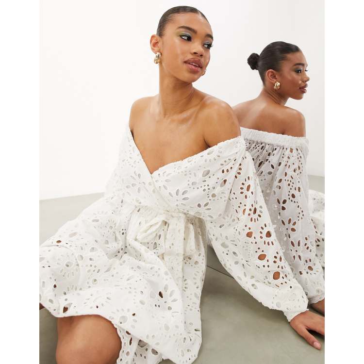 ASOS EDITION off shoulder broderie wrap belted midi dress in white | ASOS