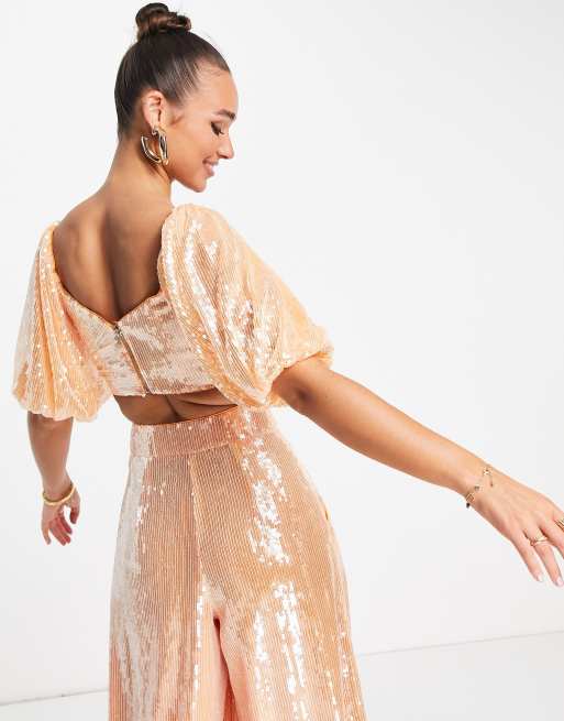 ASOS EDITION off shoulder crop top in apricot sequin - part of a set | ASOS