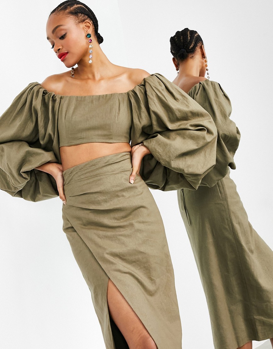 ASOS EDITION off shoulder crop top with exaggerated sleeve two-piece-Green