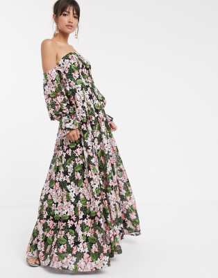 off shoulder green maxi dress