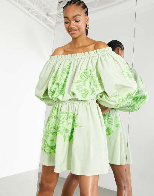 Green floral off outlet the shoulder dress