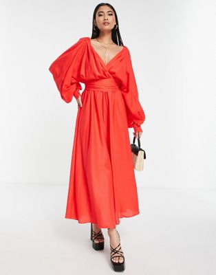 ASOS EDITION off shoulder linen wrap belted midi dress in red