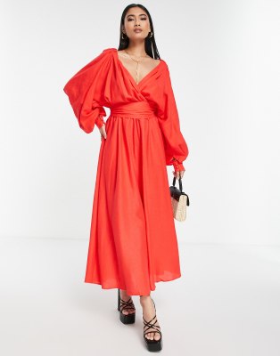 Asos Edition Off Shoulder Linen Wrap Belted Midi Dress In Red