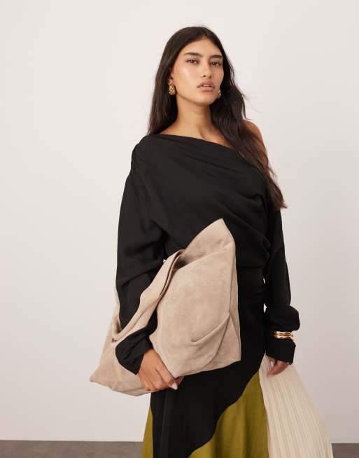 asos off the shoulder maxi dress ASOS Design off the shoulder flower detail maxi dress in olive-Green