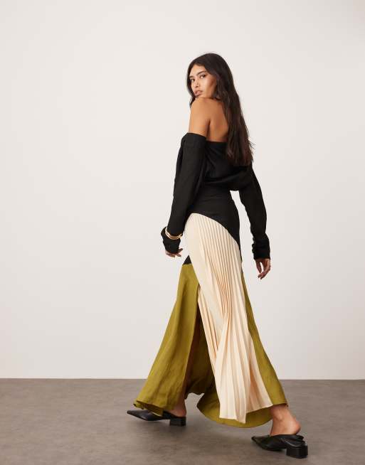 ASOS Edition Off Shoulder Maxi Dress with Pleat Detail in Color Block black