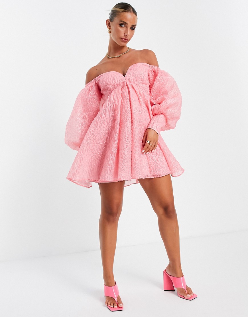 Asos Design Off Shoulder Mini Dress In Bubble Organza In Pink