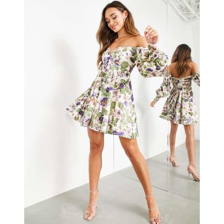 Drawstring Tie Chest Mini Dress Flower