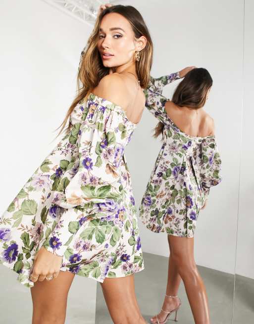 Floral print off the best sale shoulder dress