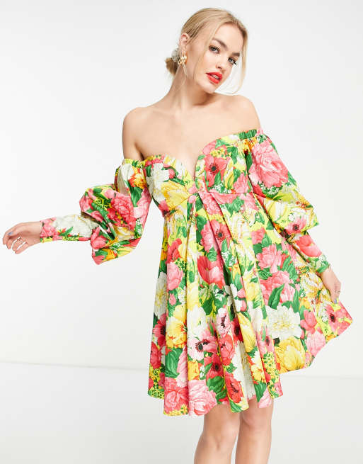 Asos floral off store the shoulder dress